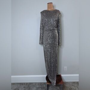 Flirty Fashion Nova Silver long sleeve Sequin Maxi Gown | Sparkly Formal Party